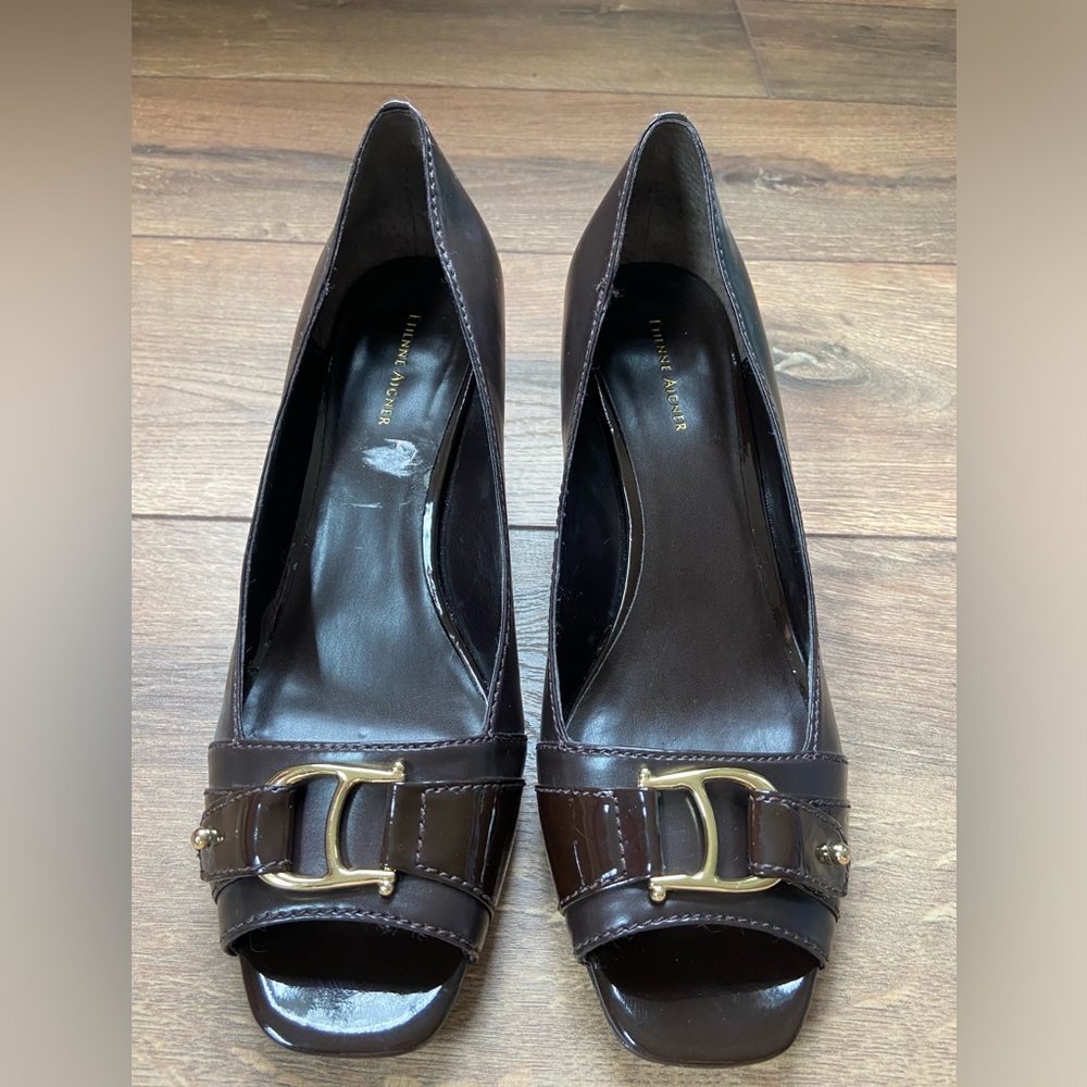 Etienne Aigner Brown Leather Heels with Gold Buckle